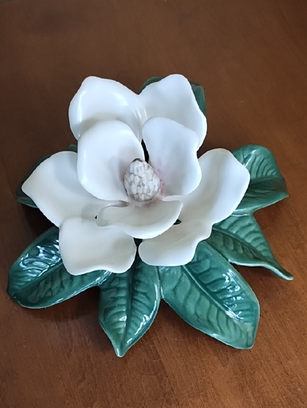 Ceramic Magnolia Flower Leaves Southern Decor Handcrafted White Green Tan Pink